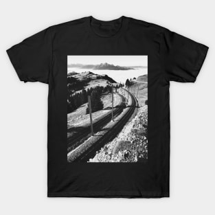 Cogwheel Rail Track on Mount Rigi With Swiss Alps in Black and White T-Shirt